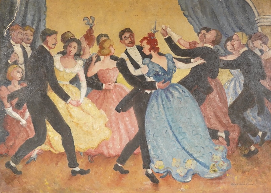 Eva. H. Robertson, ballroom scene with couples dancing, signed, oil on board, unframed, 40 x 73cm